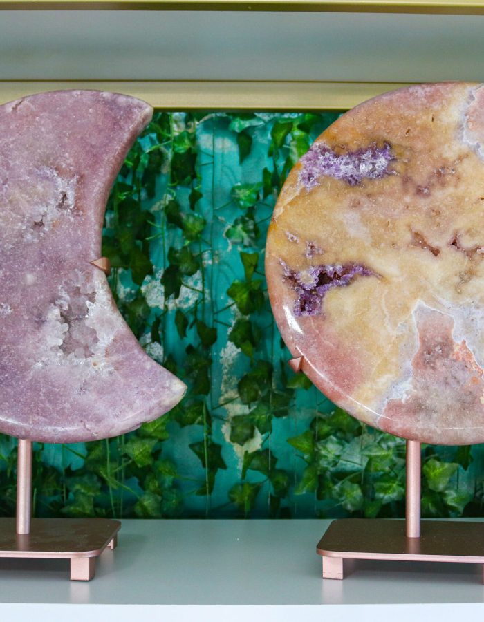 Natural Pink Amethyst Moon with Metal Stand
